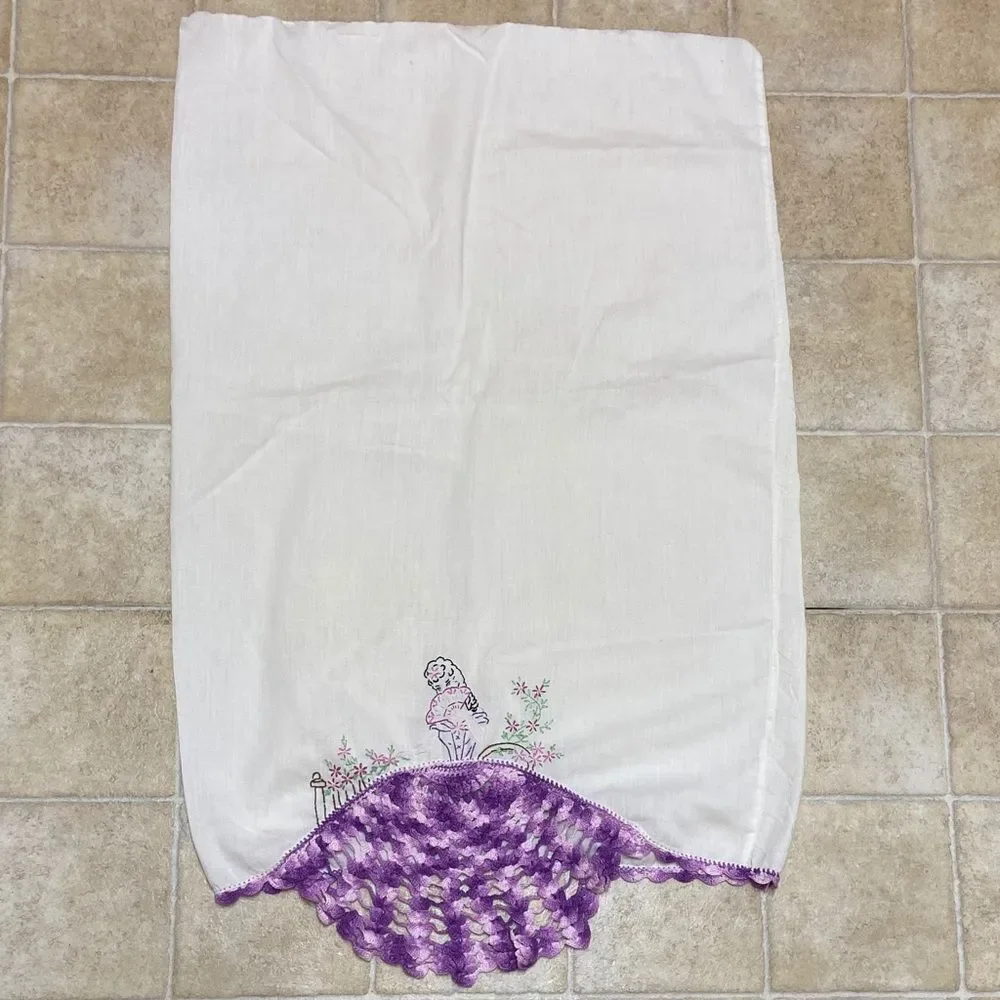 VTG, Hand Crochet Standard Pillow Case White And Purple Crochet Detail